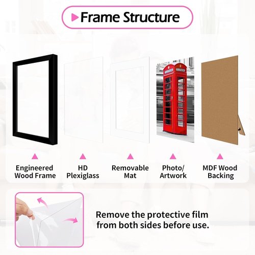 HOMERHYME 8x10 Picture Frame Set of 8 - Black Tabletop & Wall Display Frames | Fits 5x7 with Mat or 8x10 Without