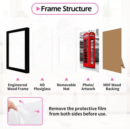 HOMERHYME 8x10 Picture Frame Set of 8 - Black Tabletop & Wall Display Frames | Fits 5x7 with Mat or 8x10 Without