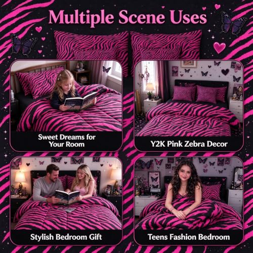 Pink Zebra Comforter Set with Sheets - Twin Size, 7-Piece Bed in a Bag, Hot Pink and Black, Kids Bedroom Bedding