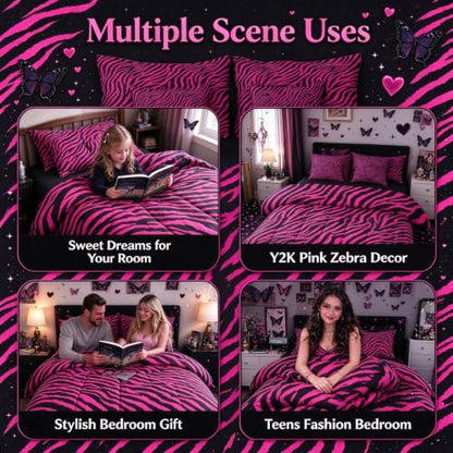 Pink Zebra Comforter Set with Sheets - Twin Size, 7-Piece Bed in a Bag, Hot Pink and Black, Kids Bedroom Bedding