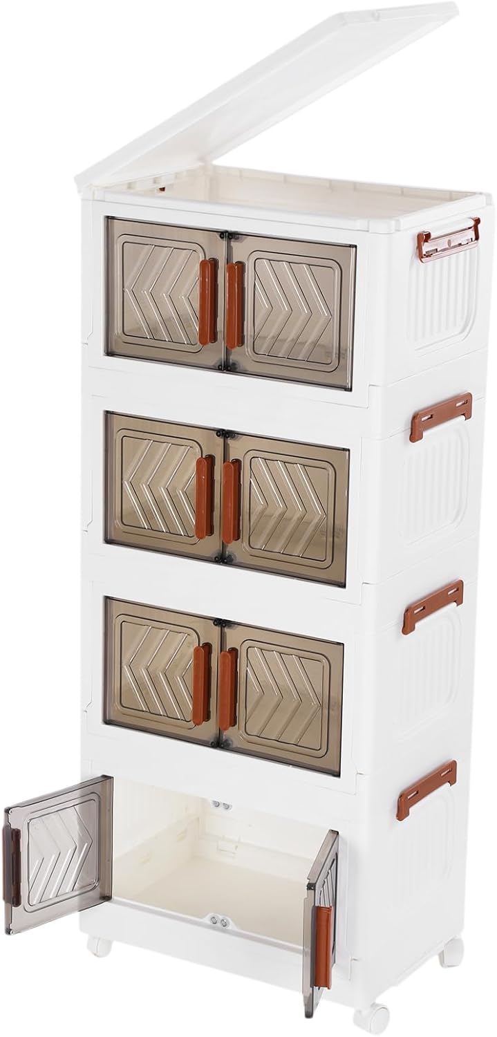 Skiennix 4-Tier Stackable Storage Bins with Lids - Foldable Containers with Wheels & Transparent Door