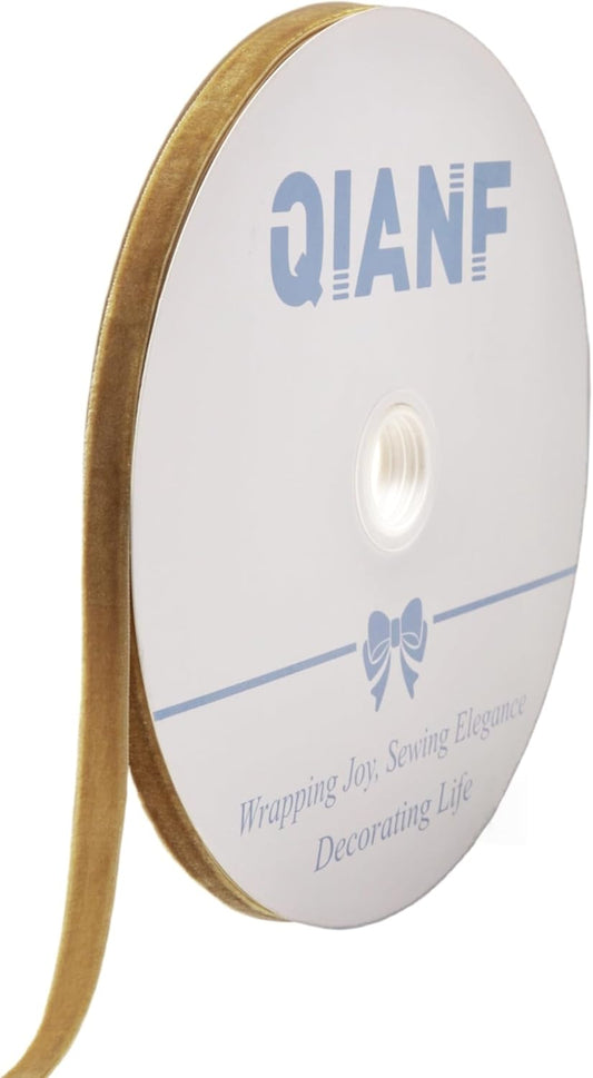 QIANF Vintage Khaki Velvet Ribbon - Soft Texture, 3/8 Inch x 25 Yards for Crafting and Decor