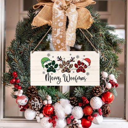 Merry Woofmas Dog Paws Christmas Door Sign Outdoor Wall Decor - Dog Lover Gift