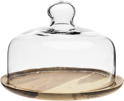 MyGift Cloche Dome Glass Dessert Serving Tray - 7.5 Inch Cake Stand with Acacia Wood Base for Parties