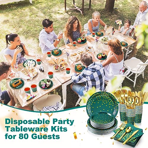 560Pcs Green and Gold Party Supplies Set for 80 Guests - Plates Cups Napkins Cutlery