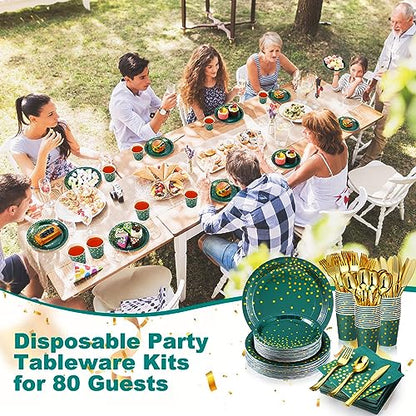 560Pcs Green and Gold Party Supplies Set for 80 Guests - Plates Cups Napkins Cutlery