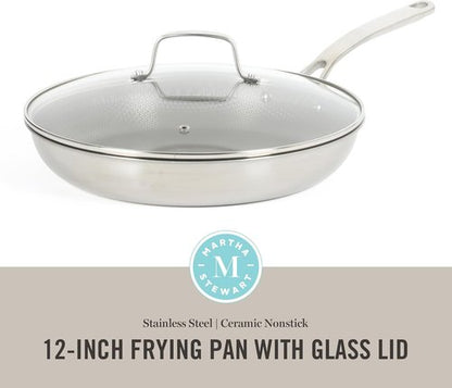Martha Stewart Nonstick 12-Inch TriPly Stainless Steel Fry Pan with Lid - Stay Cool Handle & Dishwasher Safe