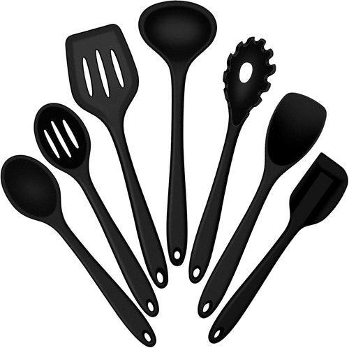E-far Silicone Cooking Utensils Set - 7-Piece Heat Resistant Nonstick Kitchen Tools | Black & Dishwasher Safe