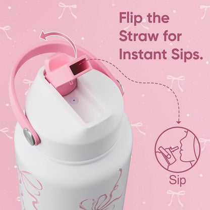 Bow Water Bottle | 32 oz Insulated Stainless Steel with Flip Straw & Handle - Leak Proof, Reusable, Wide Mouth (Breeze Pink)