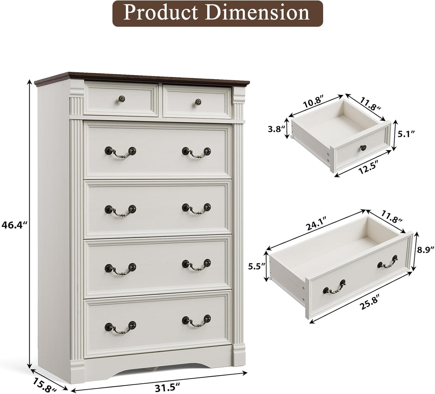 Regine Switzerland White 6-Drawer Dresser - Rustic Tall Chest with Chic Wood Pilasters | 47” Bedroom Organizer