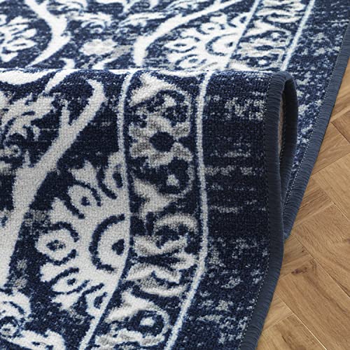 Antep Rugs Alfombras Non-Skid (Non-Slip) 5x7 Rubber Backing Floral Geometric Low Profile Pile Indoor Area Rugs (Navy Blue, 5' x 7')