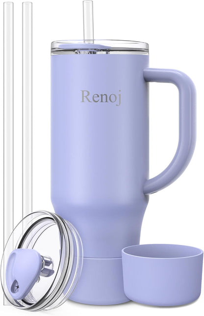 Renoj Insulated Mug | 100% Spill Resistant Water Bottle for Iced Coffee & Hot Drinks - 32 oz FlexSlide Blue, Fits Car Cup Holder, Includes 2 Straws & Silicone Boot