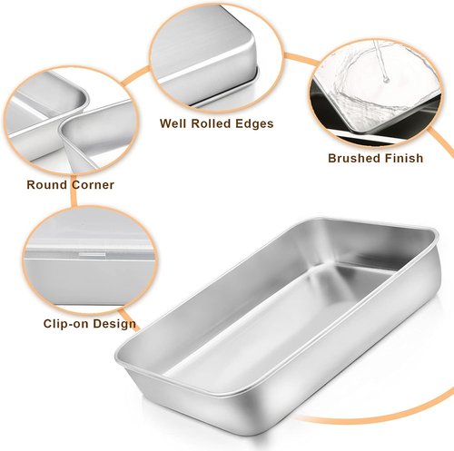E-far Toaster Oven Baking Pan Set - Stainless Steel Rectangle Sheet Cake Pans with Lids | 10.4” x 8” x 2”