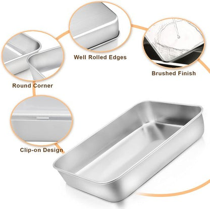 E-far Toaster Oven Baking Pan Set - Stainless Steel Rectangle Sheet Cake Pans with Lids | 10.4” x 8” x 2”