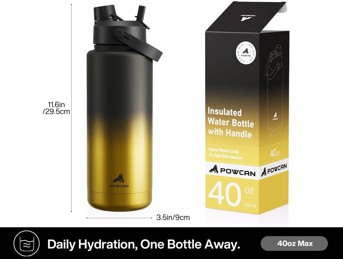 POWCAN 40 oz Insulated Water Bottle - 2-in-1 Straw & Spout Lid, Leak-Proof, BPA-Free, King Color