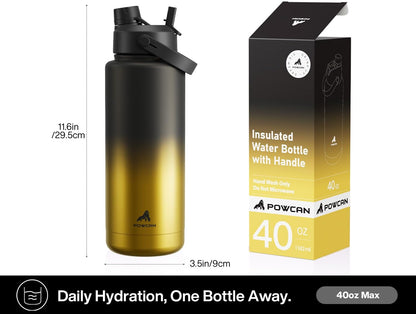 POWCAN 40 oz Insulated Water Bottle - 2-in-1 Straw & Spout Lid, Leak-Proof, BPA-Free, King Color