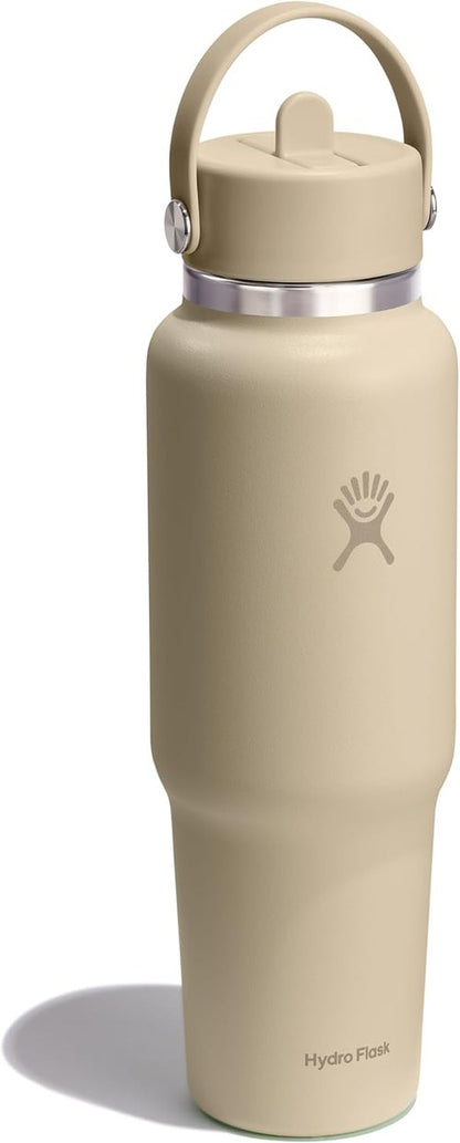 Hydro Flask Travel Water Bottle - Insulated Stainless Steel - 40 Oz Oat Tan with Wide Straw Lid