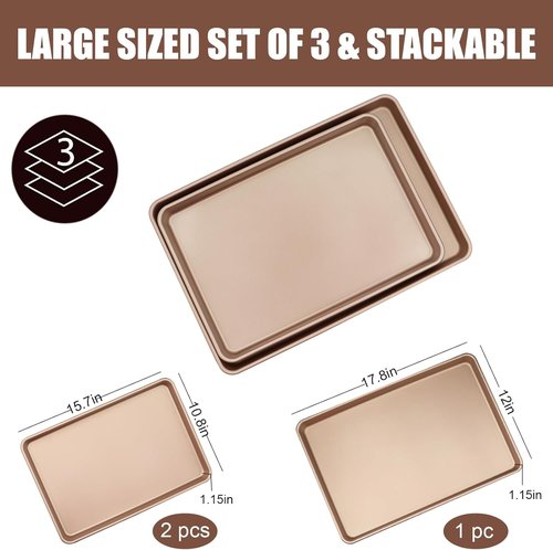 Heavy Duty 3-Pack Nonstick Carbon Steel Baking Sheet Set | Large 17.8"x12" & Medium 15.7"x10.8" Gold Pans for Oven & Roasting