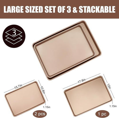 Heavy Duty 3-Pack Nonstick Carbon Steel Baking Sheet Set | Large 17.8"x12" & Medium 15.7"x10.8" Gold Pans for Oven & Roasting