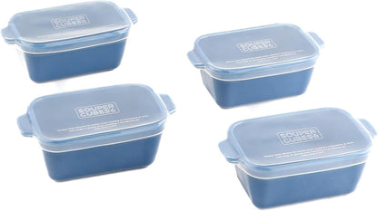 Souper Cubes Stoneware Baking Dishes - Premium Mini Ceramic Set of 4 with Silicone Covers | 5" x 3" - Blueberry