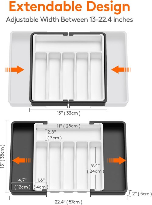 Lifewit Expandable Silverware Drawer Organizer - BPA-Free Utensil Tray for Kitchen | Adjustable 13-22 x 15" in White & Black