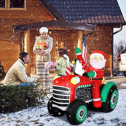 5ft Christmas Inflatable Santa Tractor with Penguin & Lights Outdoor Yard Decor