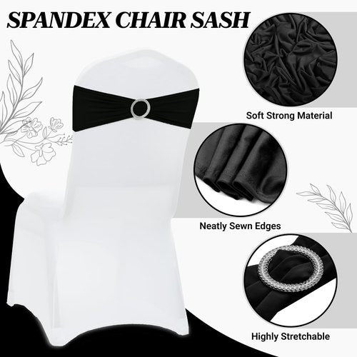 MDS Premium Stretch Chair Sashes - Pack of 25 Universal Black Bow Covers for Weddings & Events
