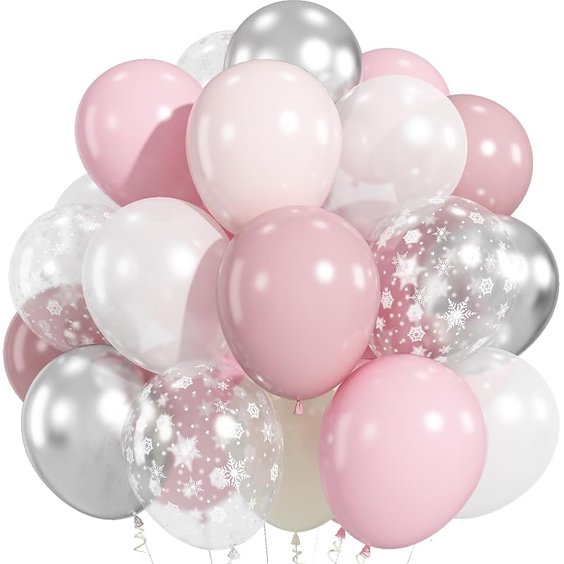 Pink and Silver Balloons 50 Pcs Snowflake Winter Wonderland — Variation Pink White Snowflake