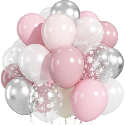 Pink and Silver Balloons 50 Pcs Snowflake Winter Wonderland — Variation Pink White Snowflake