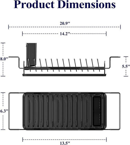 Kitsure Dish Drying Rack - Expandable Space-Saving Kitchen Rack with Cutlery Holder & Drip Tray | Black, 14.2"-20.9" L x 6.3" W x 8.0" H