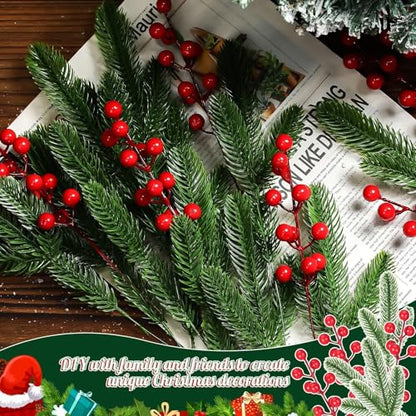 Christmas Pine Branch Picks with Red Berries - Needle Style - 200 Pieces