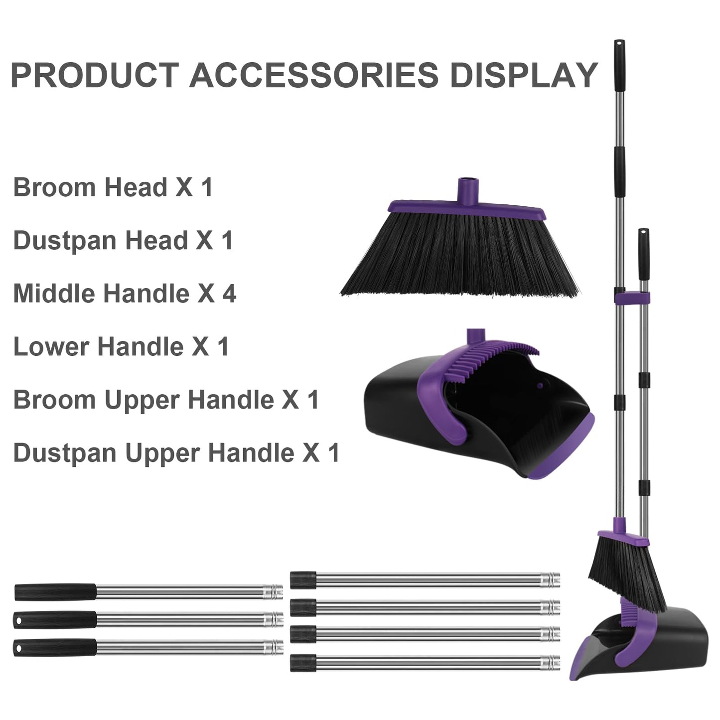 UDUK Broom and Dustpan Set, Large Household Dustpans and Broom with 55 Inch Long Handle, Pueple Broom with Dustpan Combo Set for Home