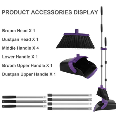 UDUK Broom and Dustpan Set, Large Household Dustpans and Broom with 55 Inch Long Handle, Pueple Broom with Dustpan Combo Set for Home