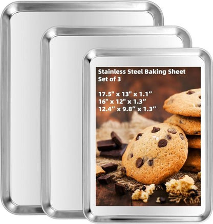 Heavy-Duty Stainless Steel Baking Sheet Set by [Brand Name] - 3 Versatile Cookie Trays (12/16/17.5 Inch)
