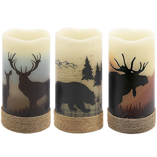 Lasumora Flameless Candles with 6H Timer, feature Hemp Rope and Deer, Moose, Bear Decal, Mother's Day Gift, LED Pillar Candles Real Wax Flickering Home Decor Set of 3, Φ 3" H 6.7”