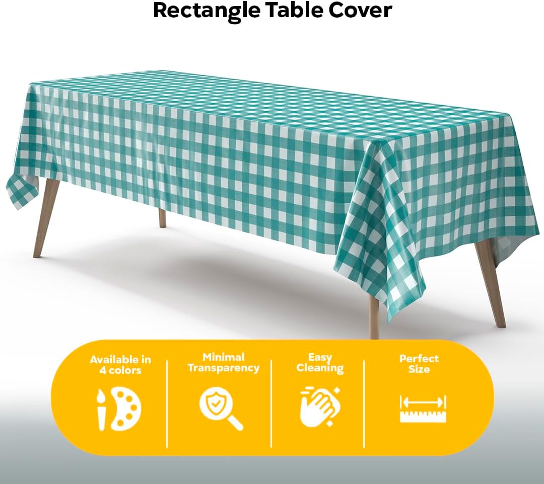 Skiennix Picnic Table Cover - Premium Teal & White Checkered Plastic Tablecloth - 54" x 108" Rectangle