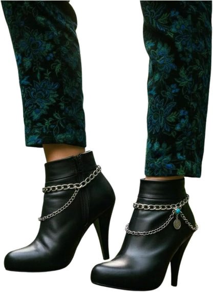 Skiennix Women's Silver Boot Chain Anklet Set - Ethnic Coin & Turquoise Beads, Adjustable 11-15 in