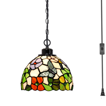 ZJART Small Tiffany Pendant Light Plug in Stained Glass Swag Lamp 8X8X181 Inch Hanging Lamp (Flowers Butterfly for Dining Room Living Room