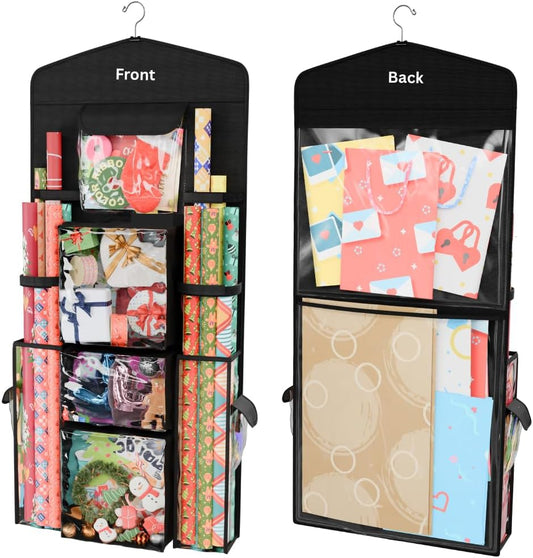 ProPik Wrapping Paper Storage Organizer - Double-Sided with Multiple Pockets | 40" x 17" Clear PVC Bag (Black)