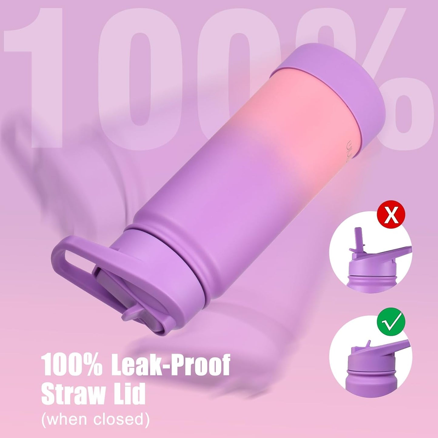 Mininoo Kids Water Bottle - 16oz Stainless Steel Insulated with Straw Lid | Purple/Pink