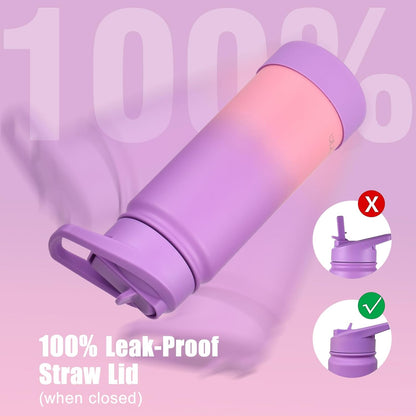 Mininoo Kids Water Bottle - 16oz Stainless Steel Insulated with Straw Lid | Purple/Pink