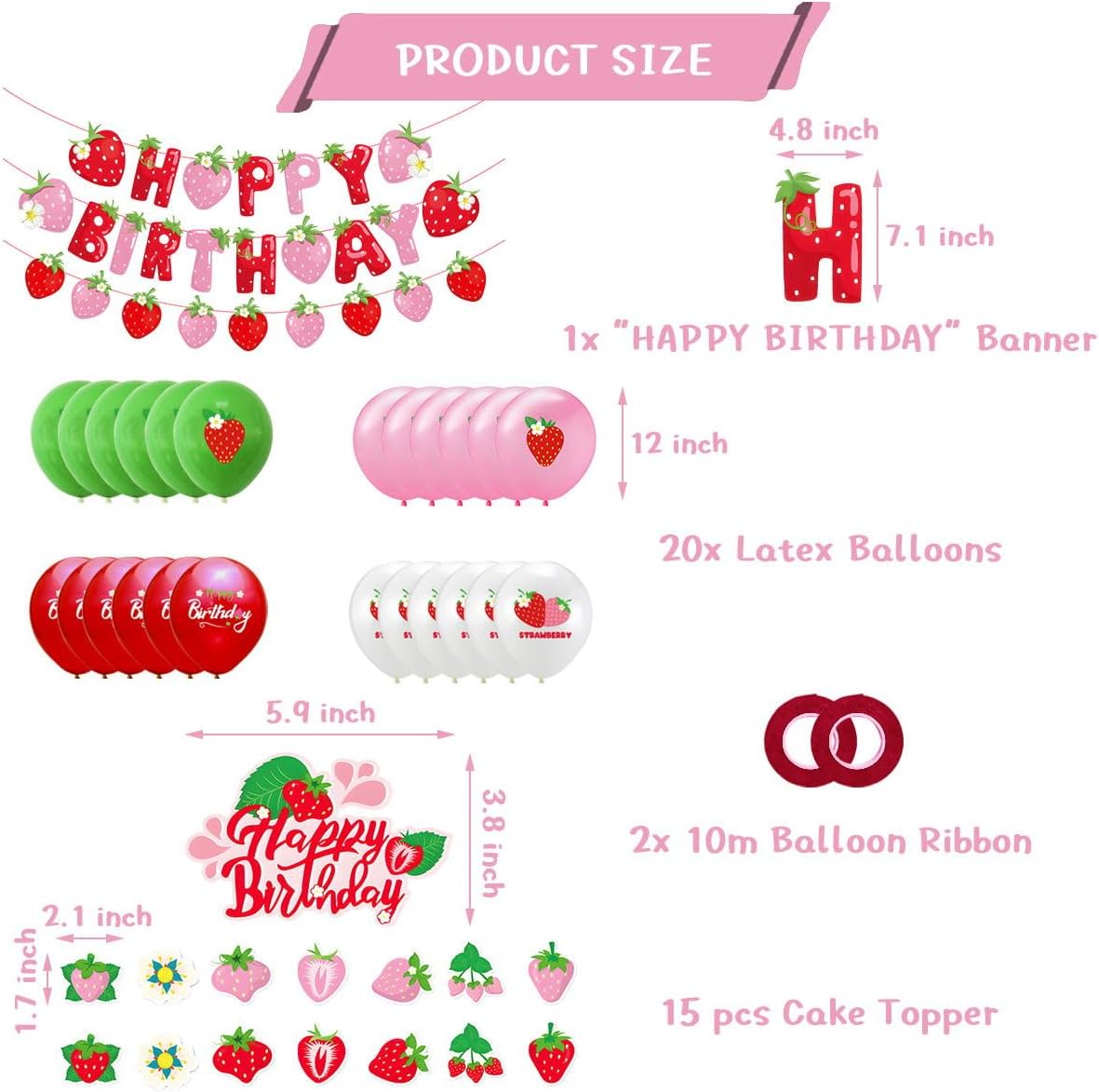 Strawberry Birthday Party Decoration Set - Balloons & Cake Toppers for Girls | Fruit-Themed Supplies