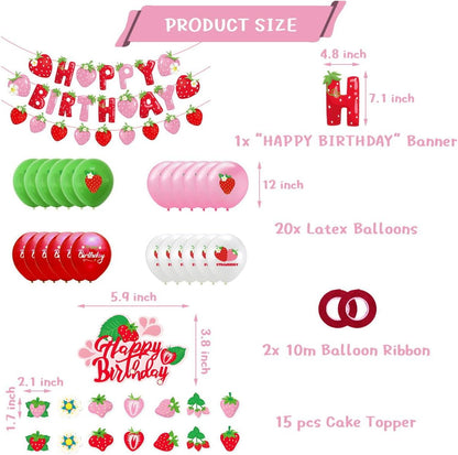 Strawberry Birthday Party Decoration Set - Balloons & Cake Toppers for Girls | Fruit-Themed Supplies