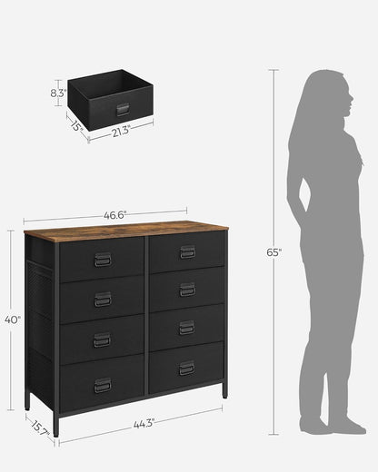 SONGMICS Fabric Dresser - 8 Drawer Storage Organizer Unit with Steel Frame | Rustic Brown & Black