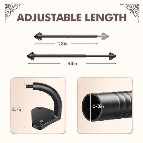 Kuianroll Curtain Rods, No Rust Adjustable Blackout Drapery Rods, 5/8 Inch Diameter Wrap Around Curtain Pole for Windows, Ideal for Bedroom, Outdoor (28-48 Inch, Black)