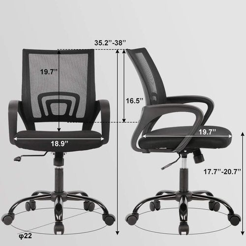 BestOffice | Ergonomic Office Chair | Mid-Back Swivel Desk Chair | Breathable Backrest & Lumbar Support | Adjustable Height | Sponge Seat | Rolling Wheels | Black | for Adults & Women