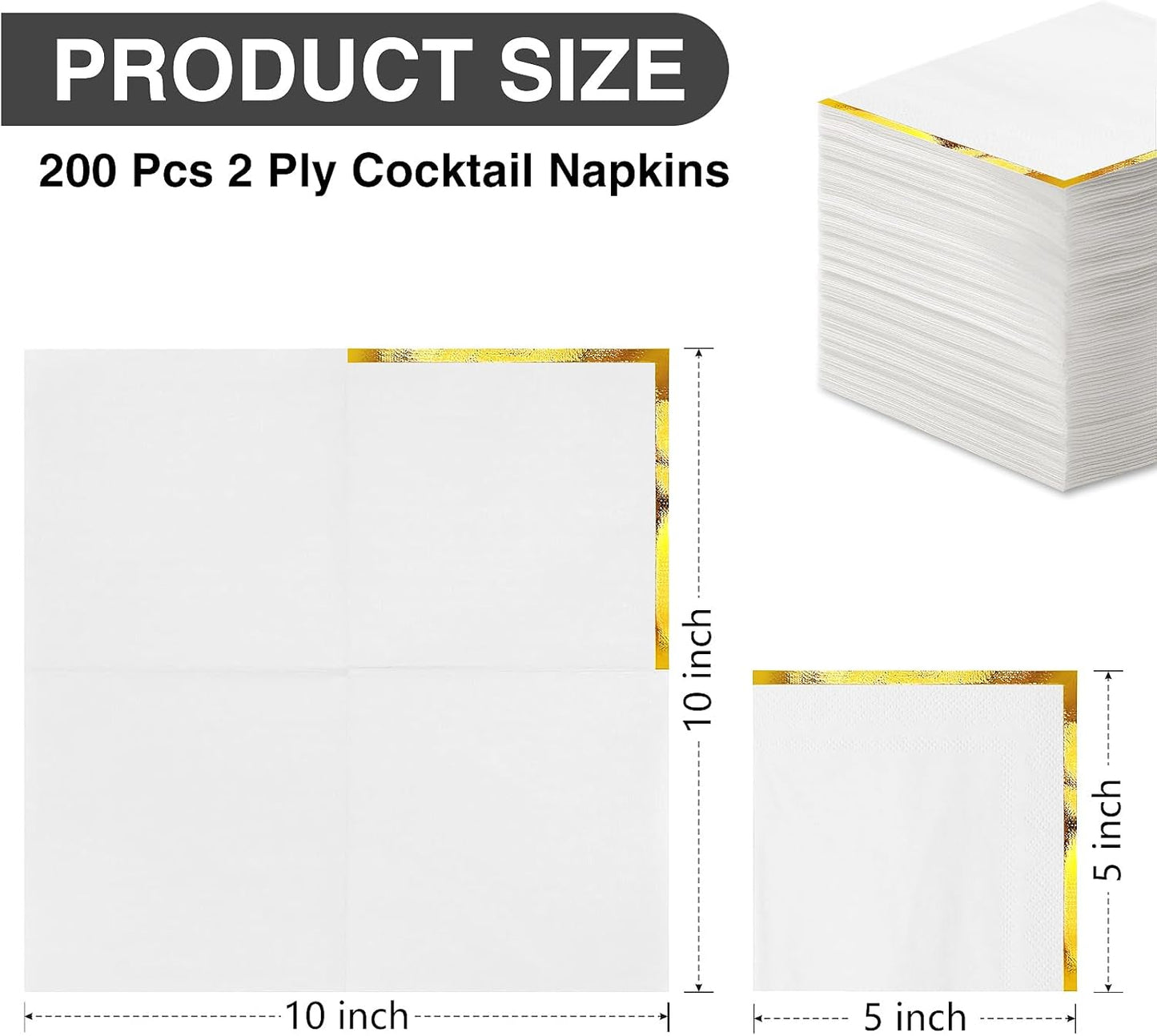 Regine Switzerland Cocktail Napkins - 200 Pcs 2-Ply White with Gold Trim - Elegant Disposable Beverage Napkins for Weddings & Events