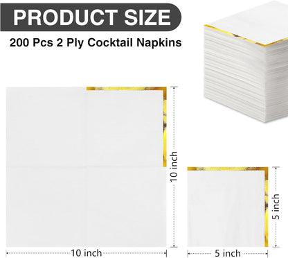Regine Switzerland Cocktail Napkins - 200 Pcs 2-Ply White with Gold Trim - Elegant Disposable Beverage Napkins for Weddings & Events