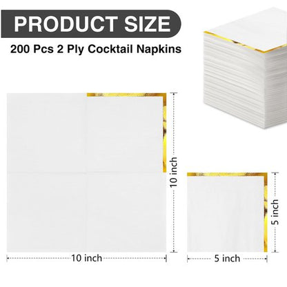 200 Pcs Cocktail Napkins 2 Ply White Napkins with Gold Trim Gold Foil Beverage Napkins Dessert Disposable Decorative Cocktail Napkin Paper for Wedding Birthday Anniversary