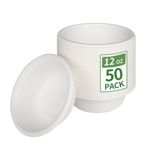 Aricsen Compostable 12 Ounce 50 Pack Disposable Small Round Paper Bowls, PFAS-Free, Eco-Friendly, Biodegradable Bagasse For Hot Soup Food Salad Dinner Party (50, 12 OZ)